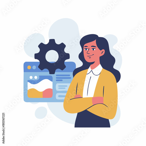 A confident woman standing in front of a web browser interface with a gear icon, representing web development, management, or digital settings.