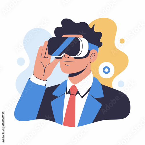 Man in a suit wearing a virtual reality headset, exploring digital world.