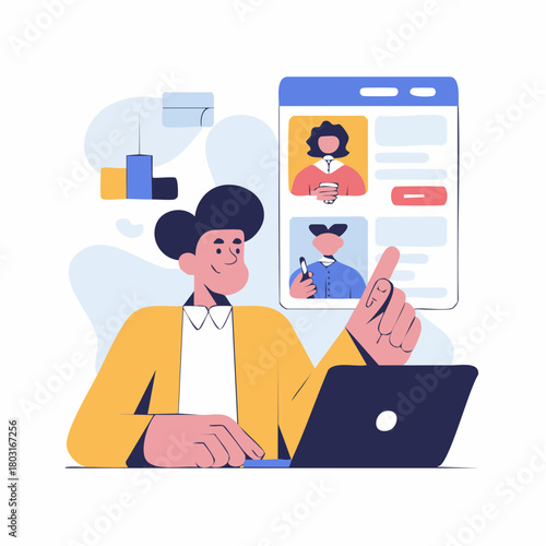 A man working on a laptop, participating in an online meeting or video conference with multiple participants displayed on a screen.