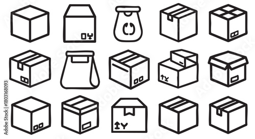 Assorted shipping boxes and bags hand drawn in black outline style
