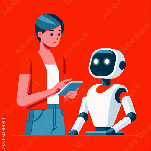 vector illustration of a person operating an AI robot
