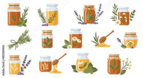 Collection of honey jars with various herbs and flowers, a sweet assortment.