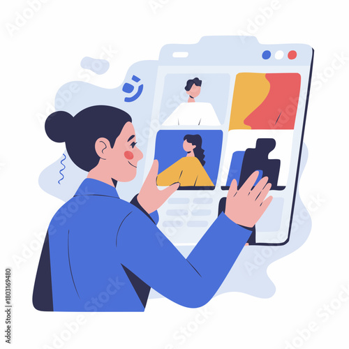 A woman participating in a virtual video conference call with multiple attendees on a large screen.