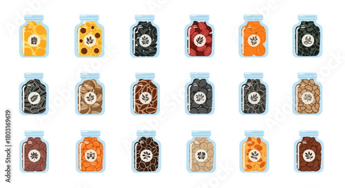 Collection of Jars Filled with Assorted Dried Fruits and Nuts.