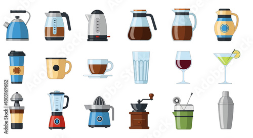 Collection of Kitchen Appliances and Drinkware for Beverage Preparation.