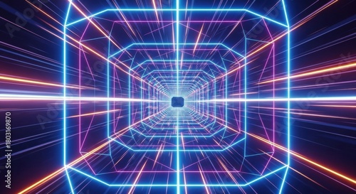 Fototapeta Naklejka Na Ścianę i Meble -  Futuristic Neon Tunnel with Bright Optical Lines Creating a Deep Perspective
