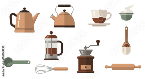 Collection of kitchen utensils and tools for cooking and baking.