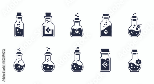 Collection of Magic Potion Bottles with Dark Liquid.