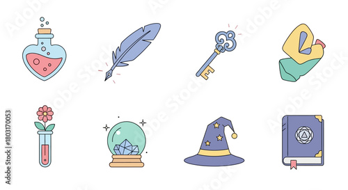 Collection of Magical and Fantasy Themed Icons with Potion Key and Spellbook.