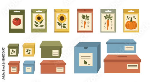 Collection of Seed Packets and Storage Boxes for Gardening.