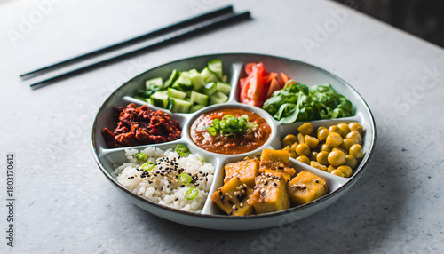 A clean, minimalist food photo featuring a colorful rice bowl with assorted fresh vegetables, tofu, and side dishes. Styled on a modern table setting, perfect for healthy meal concepts 