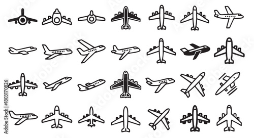 Collection of airplane outline illustrations in various angles and orientations style