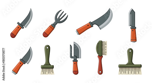 Collection of various gardening tools and knives with wooden handles.
