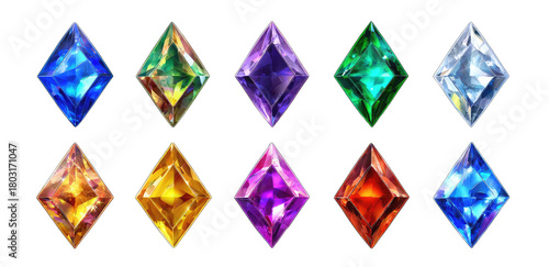 Nine colorful, diamond-shaped gems, each with a different hue
