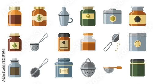 Collection of various jars and containers with different contents and tools.