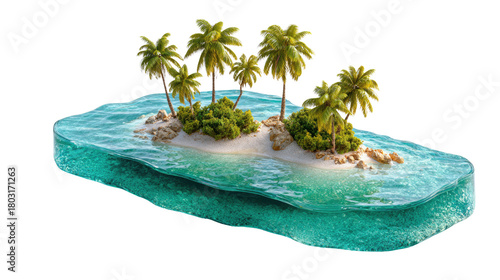 Secluded Tropical Paradise: A vibrant depiction of an isolated tropical island, showcasing lush palm trees, sandy shores, and crystal-clear turquoise waters, evoking a sense of tranquility and escape.