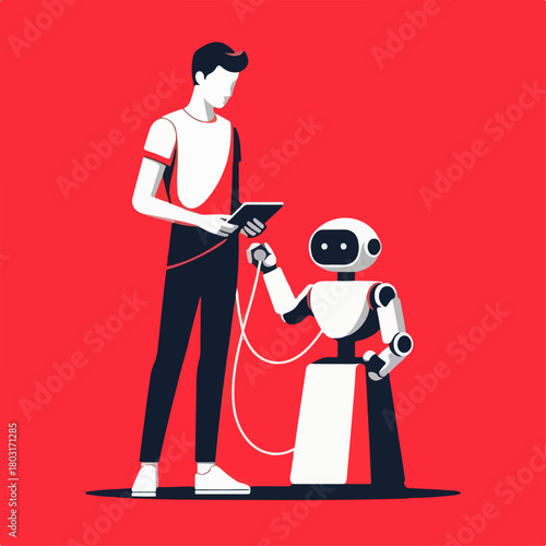 vector illustration of a person operating an AI robot