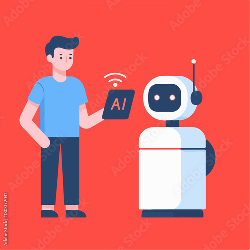 vector illustration of a person operating an AI robot