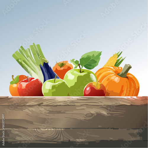 A vibrant, fresh harvest of autumn fruits and vegetables, including apples, pumpkins, and peppers, displayed on a rustic wooden surface against a soft blue background