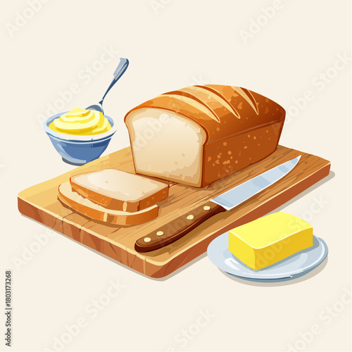Freshly baked golden-crusted loaf and delicate slices of white bread presented with creamy, rich butter on a rustic wooden cutting board, ready for a delightful and wholesome meal
