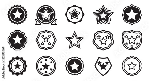Collection of Star Badges and Award Icons in Black and White Style