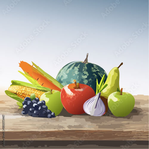 A bountiful harvest of fresh fruits and vegetables artfully arranged on a rustic wooden surface, set against a soft, gradient sky