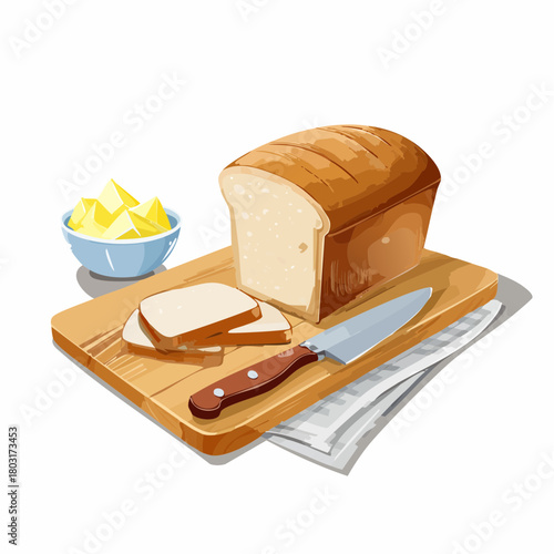 Freshly Baked Loaf of Bread with Slices, Butter, and a Knife on a Cutting Board, Ready for Enjoyment