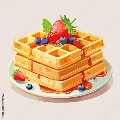 Delicious Stack of Golden Waffles Topped with Fresh Berries and Drizzled with Syrup