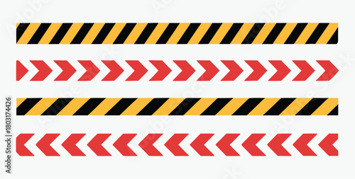Hazard Warning Tape Vector – Yellow, Black, Red Chevron Stripes, Construction Safety Border, Security Line Illustration, Caution Tape Graphic, Industrial Safety and Warning Design