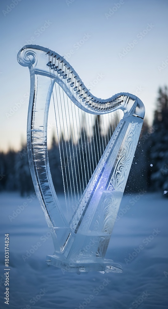 Obraz premium Ice Harp Sculpture in Winter Landscape at Dusk.