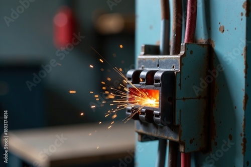 Close-up view of electrical sparks emanating from an industrial electrical box during a high-voltage surge