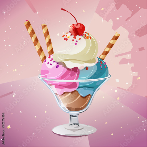 A Delicious Ice Cream Sundae with Cherries and Wafer Sticks in a Glass Bowl on a Sparkling Pink Background
