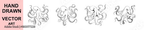 Detailed hand drawn octopus vector illustration set featuring intricate tentacle designs showcasing marine wildlife artwork ideal for ocean themed branding educational materials decorations and creati