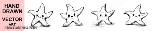 Hand drawn cute starfish vector illustration set featuring adorable cartoon marine characters with expressive faces perfect for ocean themed designs children projects print decoration and branding