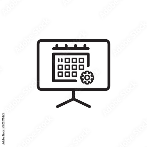CMMS icon for Computerized Maintenance Management System. Features a calendar and gear on a screen, symbolizing schedule, planning, and task automation for asset tracking, inventory, and management.
