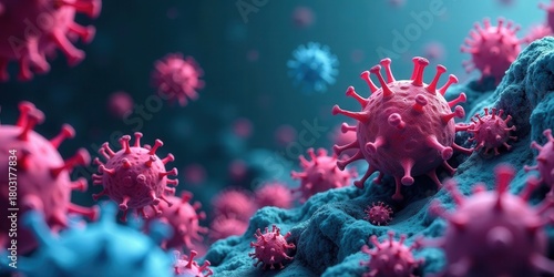 Microscopic View of a Viral Particle Cluster on a Textured Surface, Showing a Detailed Representation of Their Structure and Spatial Distribution