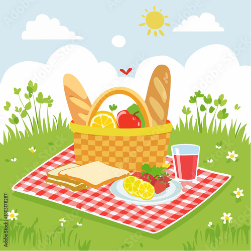 Idyllic Summer Picnic Scene with Basket, Food, and Drinks on a Grassy Meadow Under a Sunny Sky, Perfect for Outdoor Leisure and Family Enjoyment