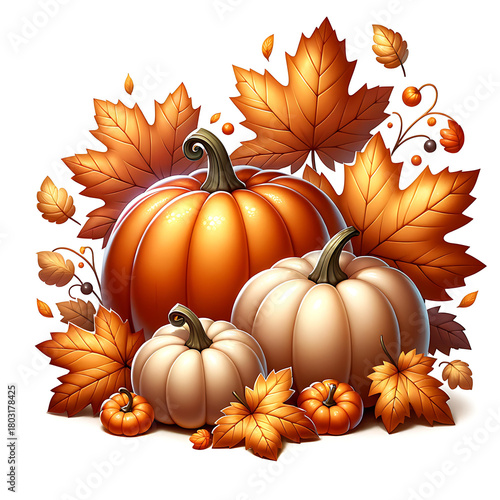 Illustration of pumpkins with autumn leaves on a white background