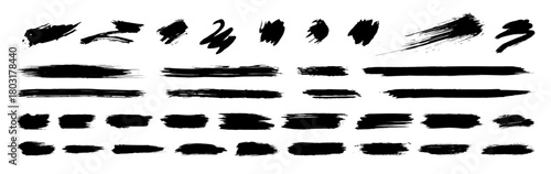Ink brush paint strokes. Black vector grunge paintbrush textured line frames background. Grungy brushstrokes textbox splash textures. Distressed shape drawing lines element set. Scratch badges bg pack