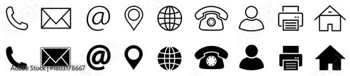 Business card- line icons and silhouette style. Minimal Icon set of communication symbols includes phone call, email, location, website, telephone and home symbols for marketing, web and corporate use