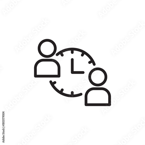 Shift Handover icon symbolizing personnel transition and communication. Features a clock between two figures, representing change of shift, operational updates, and ensuring continuous workflow.