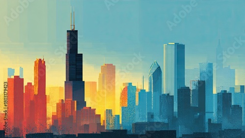 Cityscape skyline silhouette with colorful sky graphic illustration design