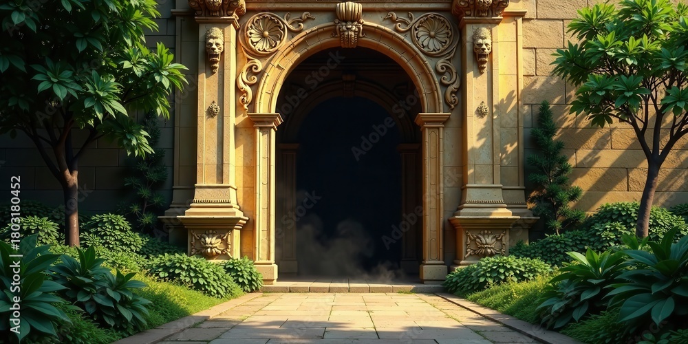 Fototapeta premium Mysterious Archway Entrance to a Sun-Drenched Garden with Lush Greenery and Ornate Stonework