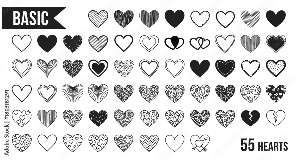 Fototapeta premium Collection of fifty five hand drawn hearts in black and white