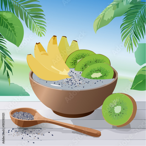 Fresh and healthy breakfast bowl with bananas, kiwi, and seeds on a wooden table surrounded by tropical leaves