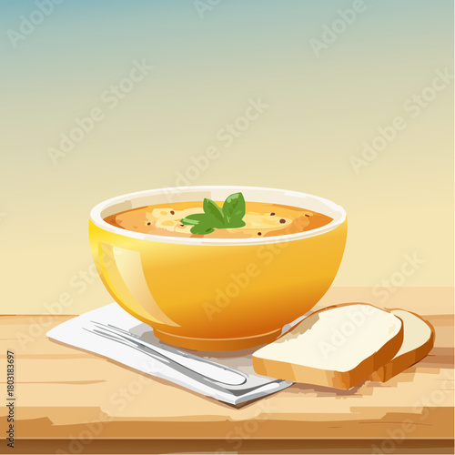 A comforting bowl of warm soup with fresh bread slices and a sprig of basil on a wooden table, perfect for a cozy meal