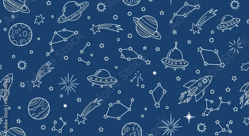 Cosmic Journey Celestial Pattern of Planets, Stars, and Spacecraft in a Whimsical Design