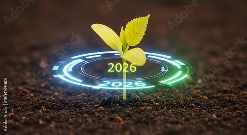 Hope for the Future: A sprout of vibrant green bursts forth from the soil, encircled by a futuristic halo that highlights the year 2026, symbolizing growth and development.