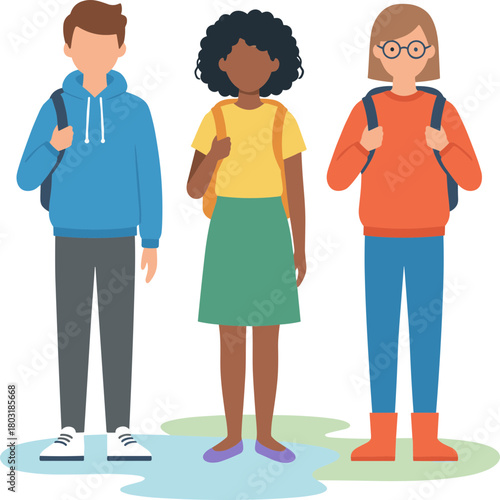 Flat Illustration Diverse Students Wearing Backpacks Going Back to School Together
