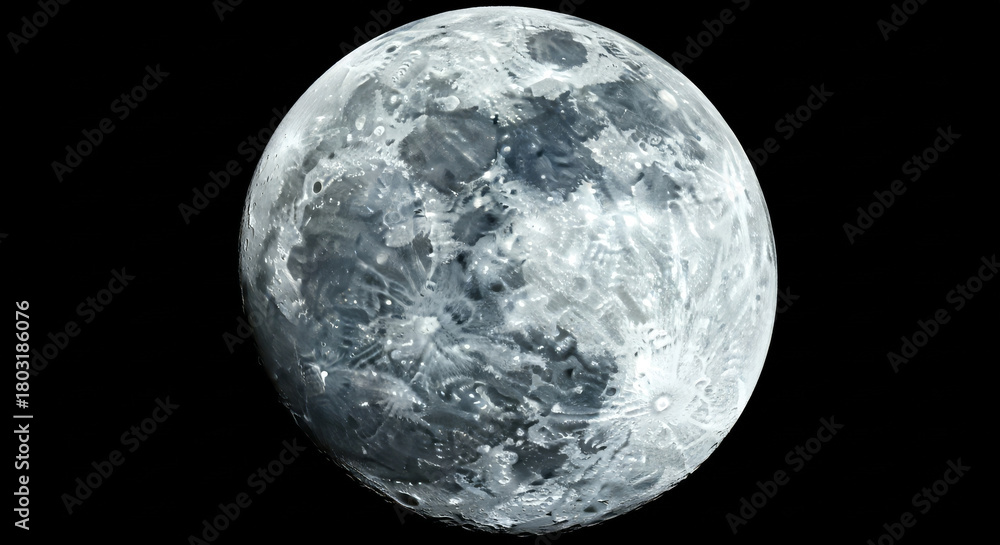 Obraz premium Highly detailed close up of a full moon showing craters and surface texture against a black background. The image captures the celestial satellite in striking detail.